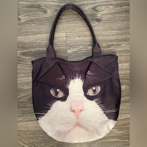 Black and White Cat Face Tote Bag - Picture 1 of 4